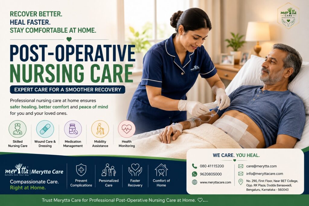 Professional nurse providing post-operative nursing care at home to a recovering patient in Bangalore with wound dressing, medication management, and personalized home healthcare by Merytta Care.